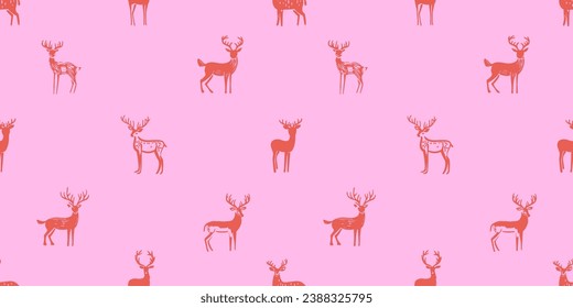 Hand drawn christmas deer seamless pattern illustration. Vintage style reindeer drawing background for festive xmas celebration event. Holiday animal texture print, december decoration wallpaper.