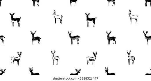 Hand drawn christmas deer seamless pattern illustration. Black and white reindeer doodle background for festive xmas celebration event. Holiday animal texture print, december decoration wallpaper.