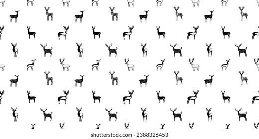 Hand drawn christmas deer seamless pattern illustration. Black and white reindeer doodle background for festive xmas celebration event. Holiday animal texture print, december decoration wallpaper.