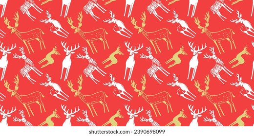 Hand drawn christmas deer seamless pattern illustration. Vintage style reindeer drawing background for festive xmas celebration event. Holiday animal texture print, december decoration wallpaper.