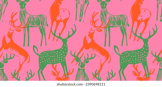 Hand drawn christmas deer seamless pattern illustration. Vintage style reindeer drawing background for festive xmas celebration event. Holiday animal texture print, december decoration wallpaper.