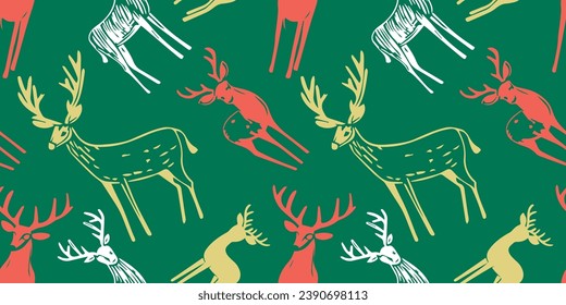 Hand drawn christmas deer seamless pattern illustration. Vintage style reindeer drawing background for festive xmas celebration event. Holiday animal texture print, december decoration wallpaper.