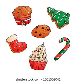 Hand drawn Christmas deserts isolated on white background. New year gingerbread, cakes, oat cookie and candy. Vector illustration.