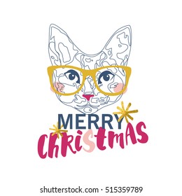 Hand drawn Christmas design card with lovely cat.