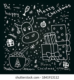 Hand drawn Christmas design set. Doodle style vector elements isolated on dark background.