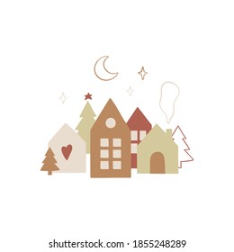 Hand drawn Christmas design with traditional scandinavian hauses. Merry holidays. Vector template for new year, gift tag, greeting cards, invitations, etc.