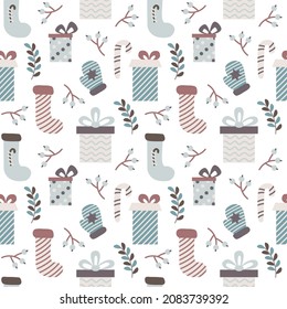 Hand drawn Christmas digital paper. Cute vector seamless pattern with xmas elements. Vector vintage background. Noel Christmas design isolated on white