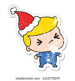 hand drawn christmas distressed sticker cartoon of kawaii boy