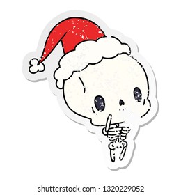 hand drawn christmas distressed sticker cartoon of kawaii skeleton