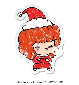 hand drawn christmas distressed sticker cartoon of kawaii girl