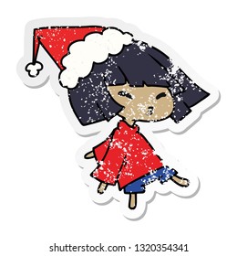 hand drawn christmas distressed sticker cartoon of kawaii girl