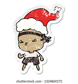 hand drawn christmas distressed sticker cartoon of kawaii boy