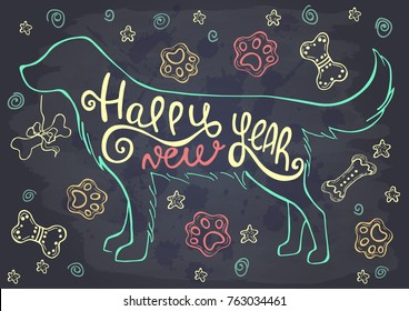 Hand drawn Christmas dog on a chalkboard. Happy New Year. Template for greeting card, postcard. Vector illustration.