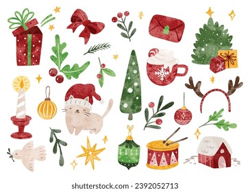 Hand Drawn Christmas Doodle, Christmas Celebration Related Object in Watercolor Style Illustration