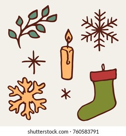 Hand drawn Christmas doodle design elements set. Winter holidays greeting card items isolated over white background. Vector illustration.