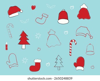 Hand Drawn Christmas Doodle Elements Set Cute Holiday Icons. Christmas Vector Illustration Element Set, Christmas Pattern with Blue Background