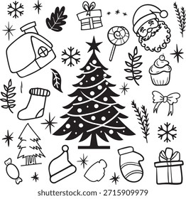 Navidades dibujadas a mano doodle Elementos Vector con iconos festivos, ilustración de vacaciones juguetonas para diseños