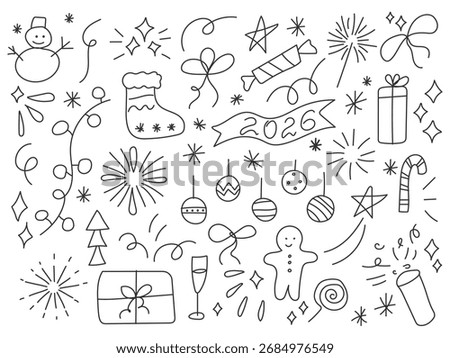 Hand drawn Christmas doodle elements vector set. Cute New Year doodles collection for holiday design. Sketch style Xmas icons isolated vector illustration. Winter holiday line art drawings