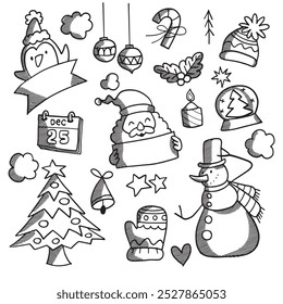 A hand drawn Christmas doodle featuring Santa Claus, a snowman, penguins, holiday ornaments, and other festive elements. The thin and simple lines create a light and cheerful atmosphere.