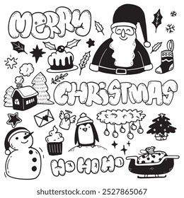 A hand drawn Christmas doodle featuring Santa Claus, a snowman, Christmas trees, festive ornaments, and holiday treats in a fun and playful style.