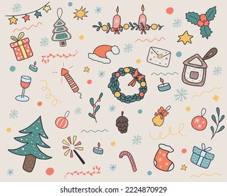 Hand drawn Christmas doodle set. Includes bright cartoon Christmas elements such as xmas tree, decorations and gifts.