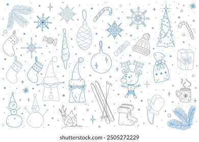 Navidades dibujadas a mano doodle en azul plateado y gris. Diseño de Ilustración vectorial con árbol de Navidad, medias, regalos, decoraciones, copos de nieve, elfos, muñecos de nieve, personajes lindos, Elementos de invierno