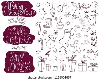 Hand drawn Christmas doodle sketch set, lettering. Vector illustration.