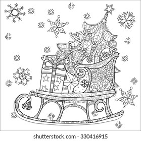 Hand drawn Christmas doodle sketch sledge on squared paper. Sleighs, gift boxes,  Christmas tree. Vector illustration isolated.