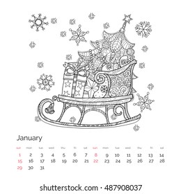 Hand drawn Christmas doodle sketch sledge on squared paper. Sleighs, gift boxes, Christmas tree. Vector illustration zen art isolated.January calendar 2017 page.