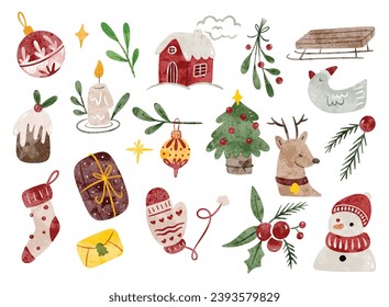 Hand Drawn Christmas Doodle in Watercolor Style Vector Illustration