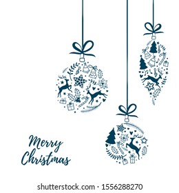 Hand drawn christmas doodles in bauble shape - template for christmas cards or invitations