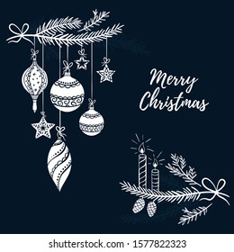 Hand drawn christmas doodles in bauble shape - template for christmas cards or invitations
