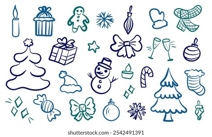 Hand drawn Christmas doodles in blue and green featuring winter festive holiday icons: Christmas trees, gifts, ornaments, snowflakes, bows, stockings, snowman, gingerbread, candles, candy, and scarves