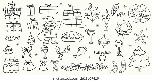 Hand drawn Christmas doodles collection with holiday food, gifts, decorations, and santa for greeting cards, invitations, party decor designs, wrapping paper and packaging designs.