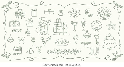 Hand drawn Christmas doodles collection with holiday food, gifts, decorations, and santa for greeting cards, invitations, party decor designs, wrapping paper and packaging designs.