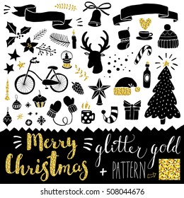 hand drawn Christmas doodles + glitter gold pattern