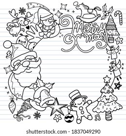 Hand drawn Christmas doodles, Illustration of doodle Christmas character on circle. Drawing of village or city.  ,Each on a separate layer.
