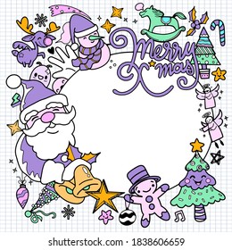 Hand drawn Christmas doodles, Illustration of doodle Christmas character on circle. Drawing of village or city.  ,Each on a separate layer.