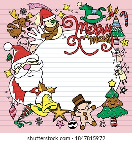 Hand drawn Christmas doodles, Illustration of doodle Christmas character on circle. Drawing of village or city.  ,Each on a separate layer.