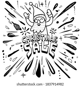 Hand drawn Christmas doodles, Santa Claus jumps out of the Christmas Sale letters with joy, with water scattered around it. ,Each on a separate layer.