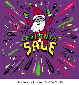 Hand drawn Christmas doodles, Santa Claus jumps out of the Christmas Sale letters with joy, with water scattered around it. ,Each on a separate layer.