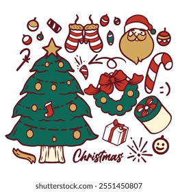Hand drawn Christmas doodles set. Colorful holiday christmas illustration.  Holiday seasonal illustration.