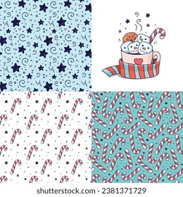 Hand drawn Christmas drink and candy cane patterns set is doodle style for designing baby clothes. Prints with candy cane seamless pattern. Vector illustration.