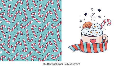 Hand drawn Christmas drink with marshmallow snowman, candy cane in doodle style for designing baby clothes. Postcard with Cup of cocoa wrapped in scarf and seamless pattern. Vector illustration.