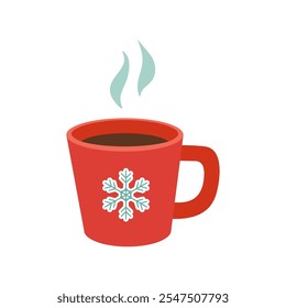 Hand drawn Christmas drink in red mug with snowflake and steam on it. Winter hot beverage icon. Cup of cocoa sticker. Vector illustration.