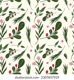 hand drawn christmas element and leaves, foliage pattern. 