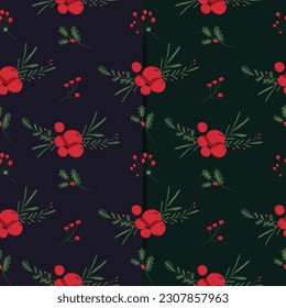 hand drawn christmas element and leaves, foliage pattern. 
