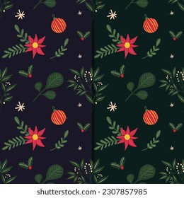 hand drawn christmas element and leaves, foliage pattern. 