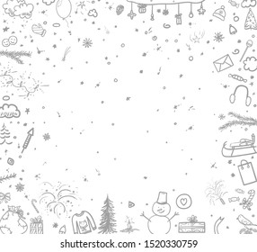 Hand drawn christmas elements. Abstract holiday signs and shapes. Sketchy background with different elements. Black and white illustration