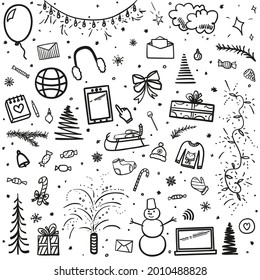 Handgezeichnete Weihnachtselemente. Abstrakte Ferienschilder und -objekte. Freehand Zeichnungen. Schwarz-Weiß-Illustration